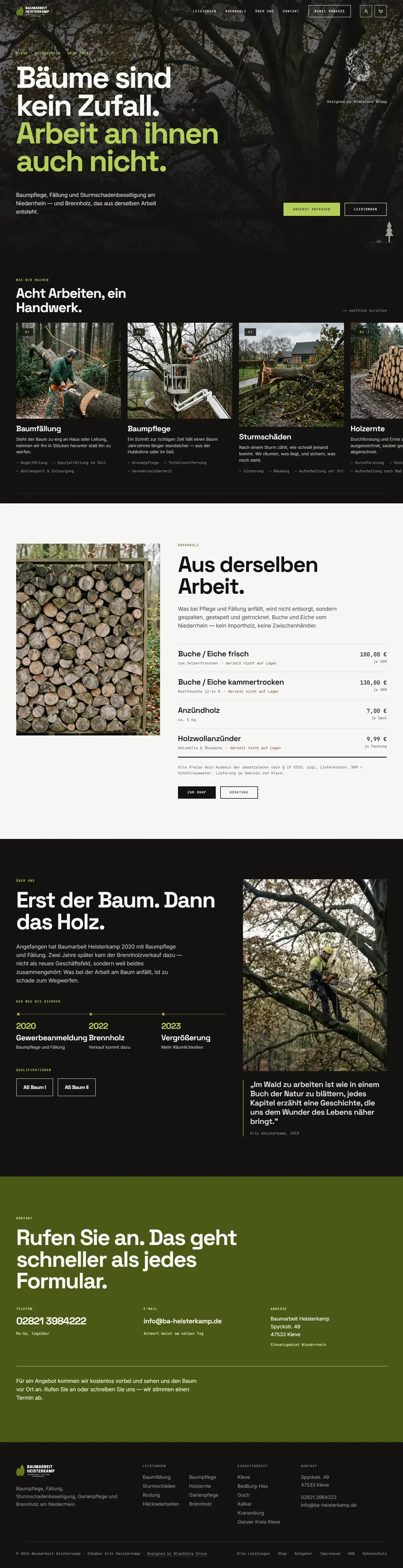 Website von Baumarbeit Heisterkamp, Baumpflege und Brennholz in Kleve, gestaltet von der BlackCore Group